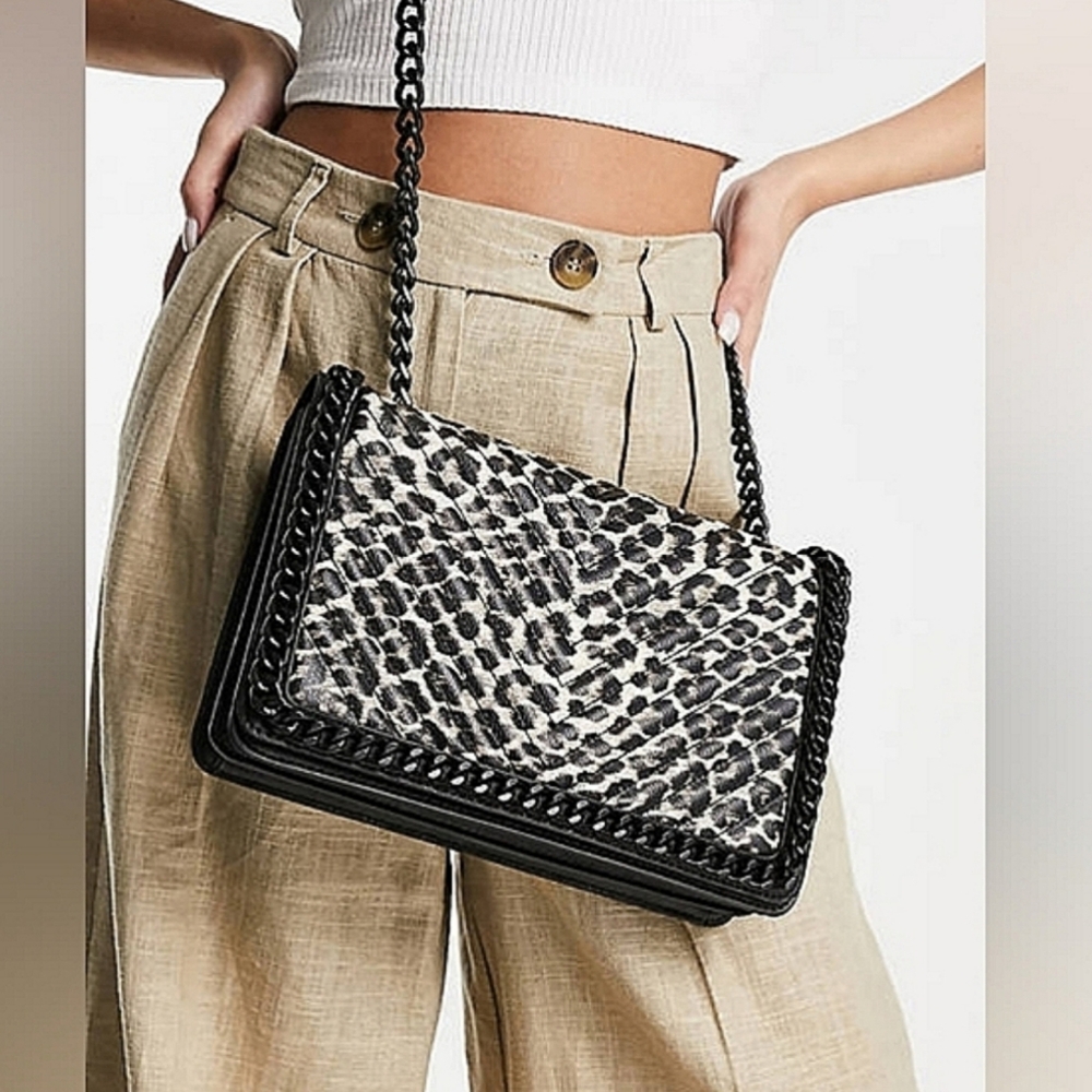 Aldo Greenwald Leopard Print  Black  Crossbody Bag with Chain Strap